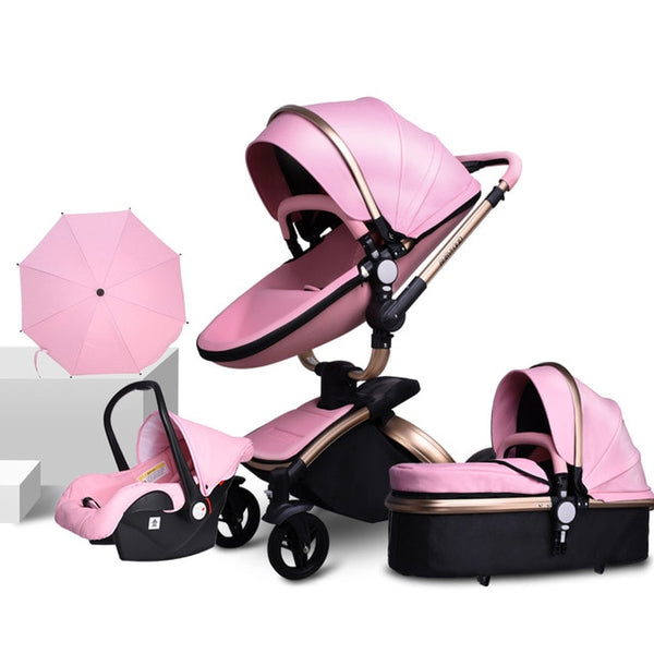 PU Leather Gold Frame White Baby Stroller