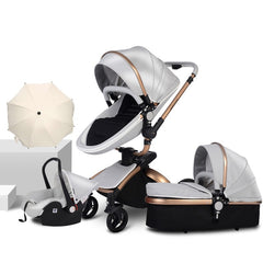 PU Leather Gold Frame White Baby Stroller