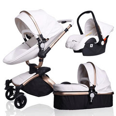 PU Leather Gold Frame White Baby Stroller