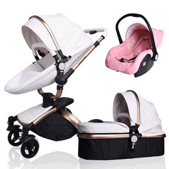 PU Leather Gold Frame White Baby Stroller