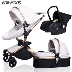 PU Leather Gold Frame White Baby Stroller